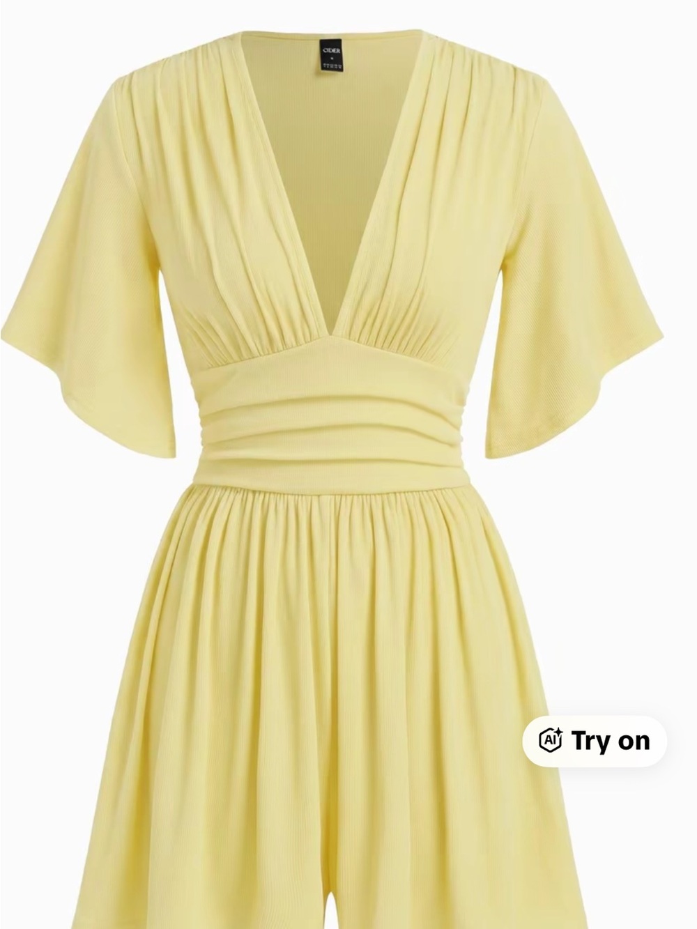 Cider Pale Yellow V-Neck Flutter Sleeve Jumpsuit
